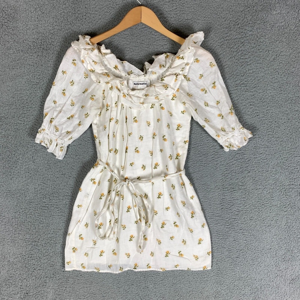 Reformation White Mini Dress with Yellow Floral Print
